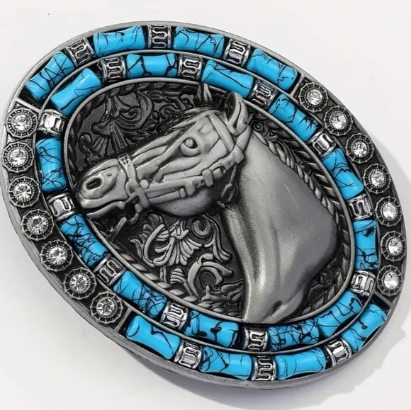 New men's horse cowboy western belt buckle blue beads - Picture 2 of 4